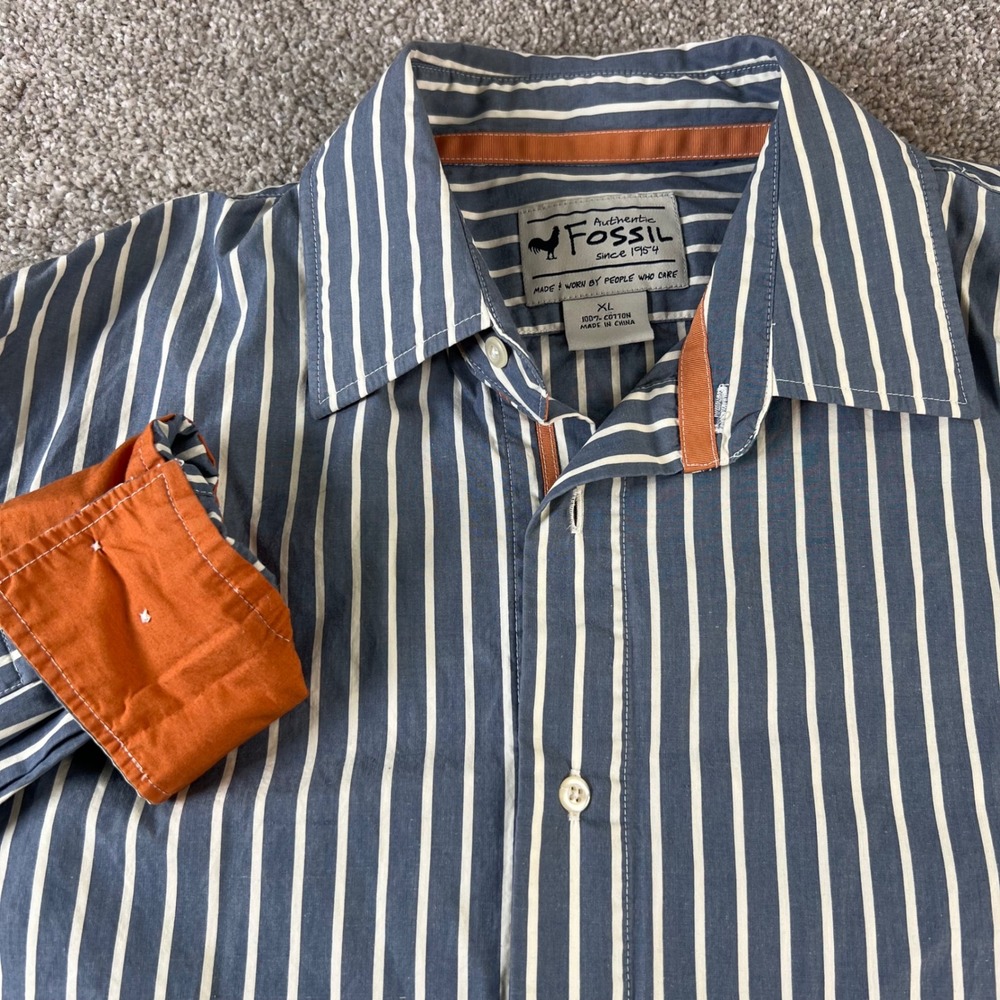 Fossil Striped Button Down Shirt Orange Cuff Detail Long Sleeve Preppy Casual XL